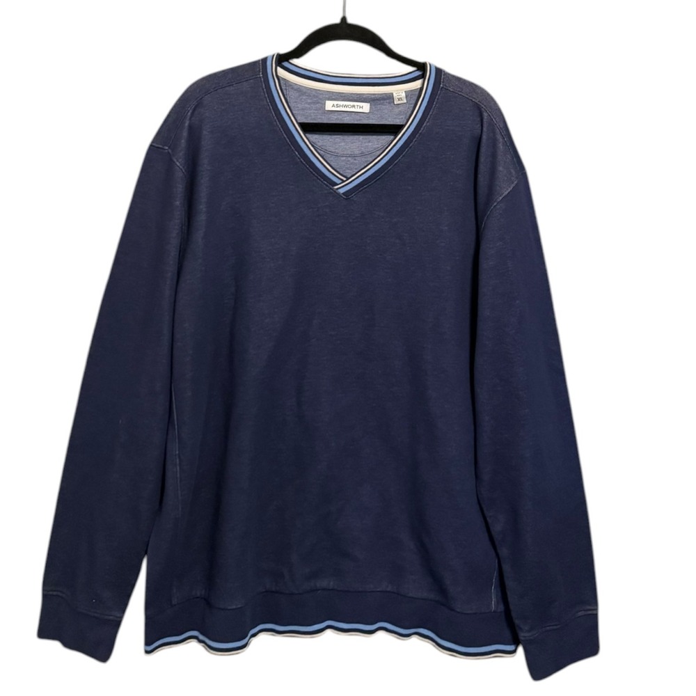 Ashworth Mens XL Navy Blue Heathered V-Neck Pullover Sweatshirt Striped Trim